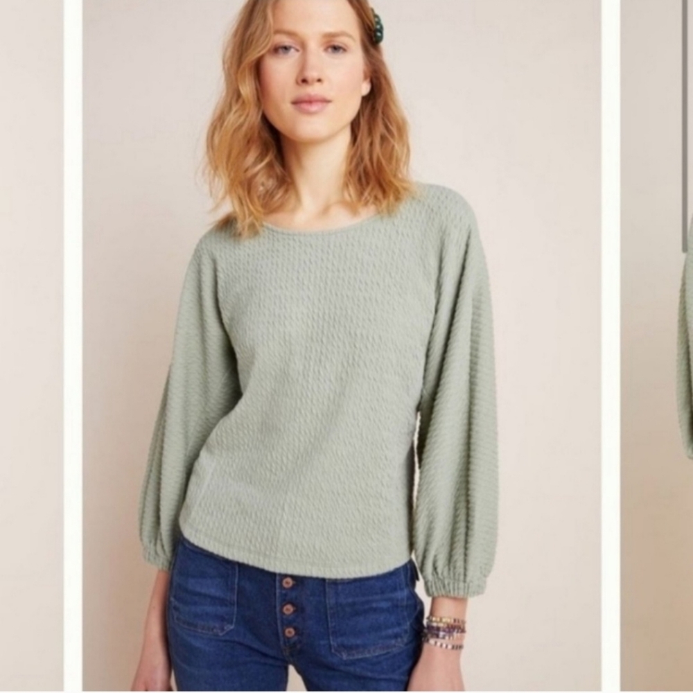 Anthropologie Sage Green Top Sweater Blouson Knit Anthro Balloon Sleeves Small S - Picture 9 of 10